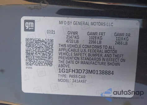 2021 Chevrolet Camaro from USA, damaged, VIN 1G1FH3D73M0138884